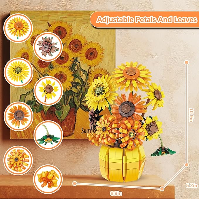 Flowers Sunflower Building Sets for Adults, Van Gogh Prints Art Botanical Collection for Woman Girls 14+, Artificial Pot Bouquet Plants Kits, Home Decor/Christmas/Valentine/Mother's Day Birthday Gifts