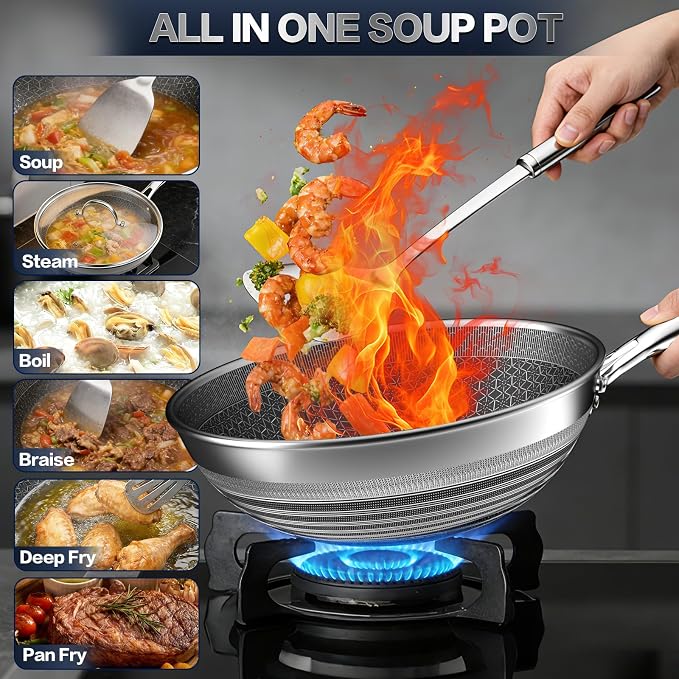 Woks & Stir-fry Pans Nonstick - Hybrid 304 Stainless Steel Wok 10.8" Non Stick Wok Pan with Lid for Induction, Electric, Gas, All Stoves, PFOA Free Cookware, Dishwasher and Oven Safe