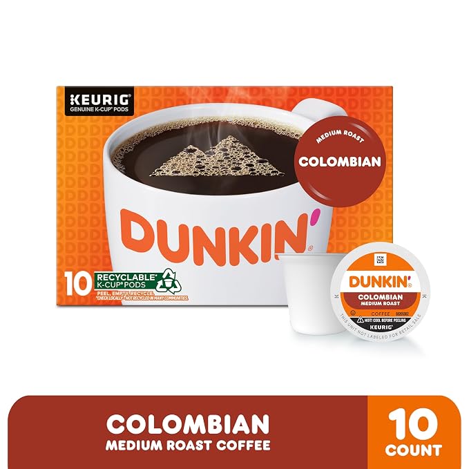 Dunkin' 100% Colombian Medium Roast Coffee, 10 Keurig K-Cup Pods