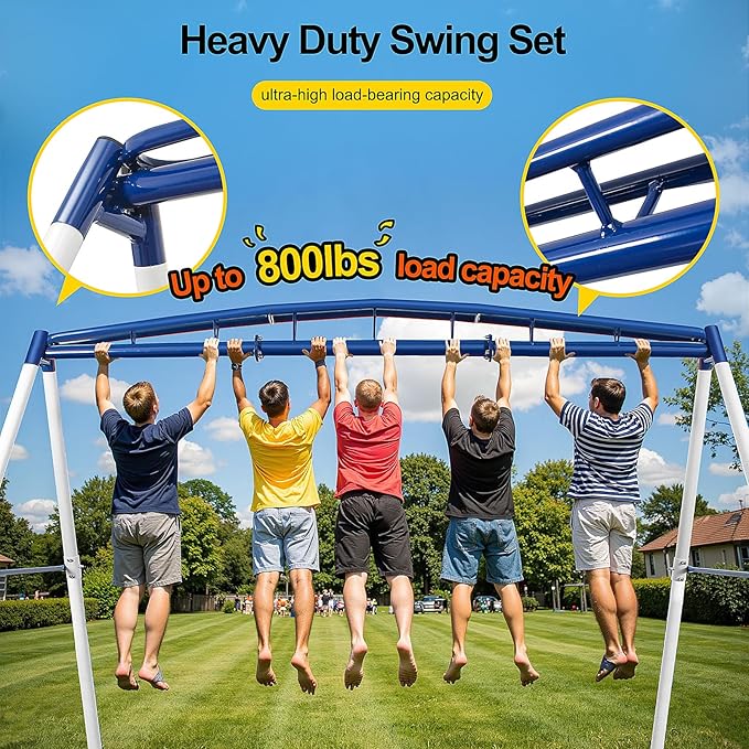3-in-1 Heavy Duty Metal Swing Set, 800 LBS Capacity, Reinforced A-Frame Outdoor Playset with Locking Toddler Seat & Saucer Swings for Kids & Adults