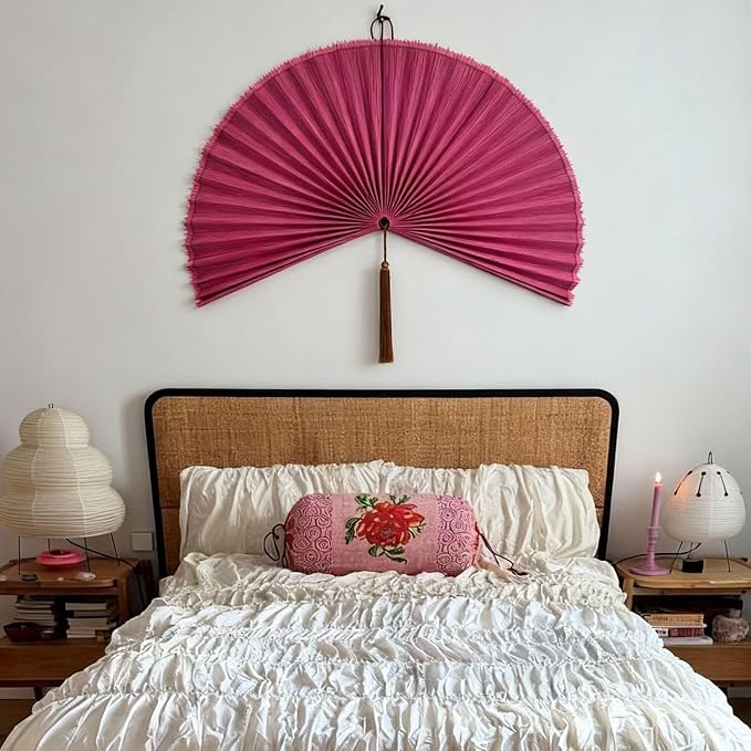 ChumDecor Bamboo Fan Wall Decor, Japanese Wall Fan Decoration, Pink 48 in | Large Oversized Oriental and Asian Style Hanging Decoration for Above the Bed Headboard or an Empty Living Room Space