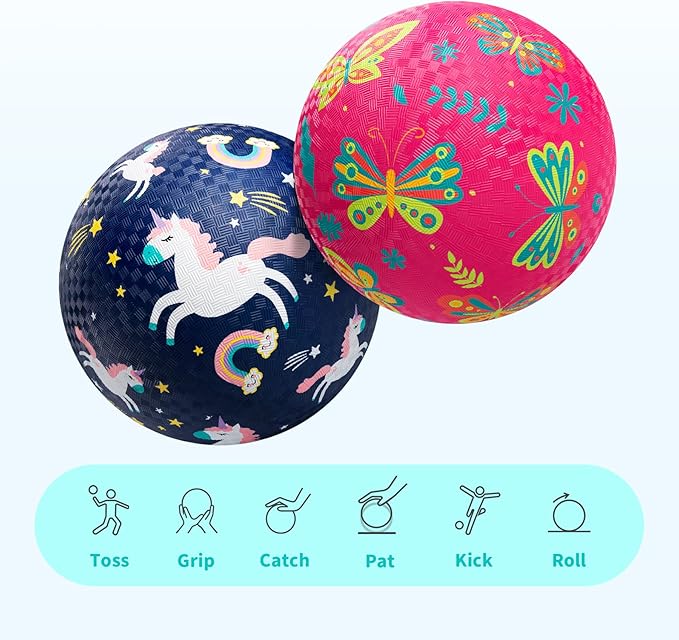 ZOOJOY Pack of 2 Cartoon Playground Balls, Balls for Toddler 3-12, 8.5" Rubber Ball Bouncy Kickball, Indoor & Outdoor Game Toys for Boys Girls with Pump