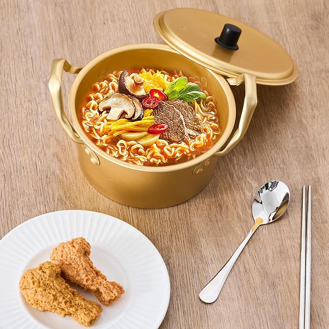 Tioncy Korean Ramen Pot Set of 2 with Lid, Aluminum Ramen Noodle Cooking Pot, Fast Heating with Spoon & Chopsticks, 6 inches/ 16 cm noodle Cooker for Soup, Pasta, Camping, Dorm Cooking, Couple Dinner