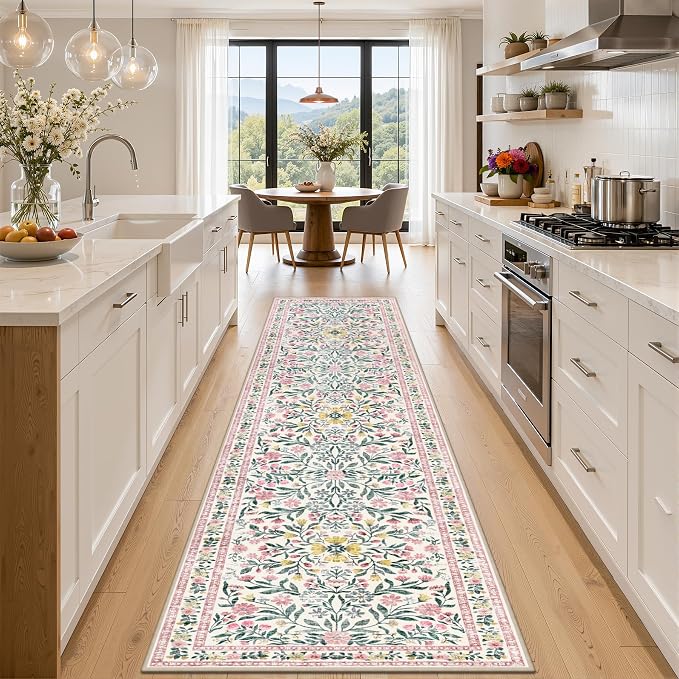 Runner Rug for Entryway: 3x10 Kitchen Rugs Non Slip Washable Ultra-Thin Soft Floral Carpet Indoor Floor Stain Resistant Carpets for Hallway Bedroom Kitchen Laundry Bathroom Dorm Pink/Green