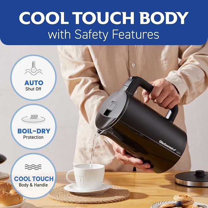 Elite Gourmet 1.7L Cool-Touch 1500W Fast Boil Electric Kettle, Fully Stainless Steel Lid & Interior BPA Free, Double Wall, Auto Shut-Off, Black