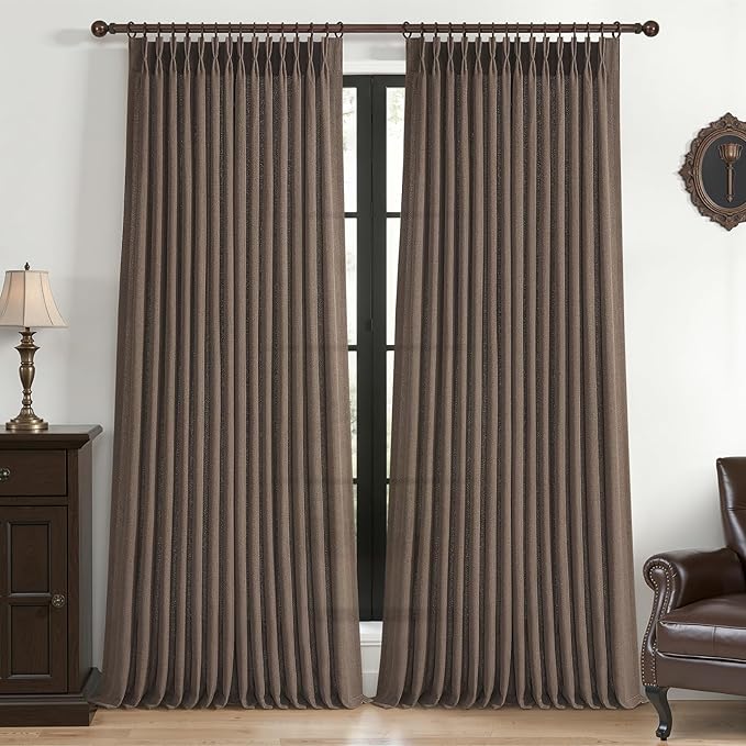 Extra Long 108 Inch Dark Brown Floor to Ceiling Curtains for Living Room, Memory Shape Pinch Pleated Thick Linen Modern Curtain Light Filtering Semi Sheer Luxury Window Drapes 9FT Length 2 Panels Set