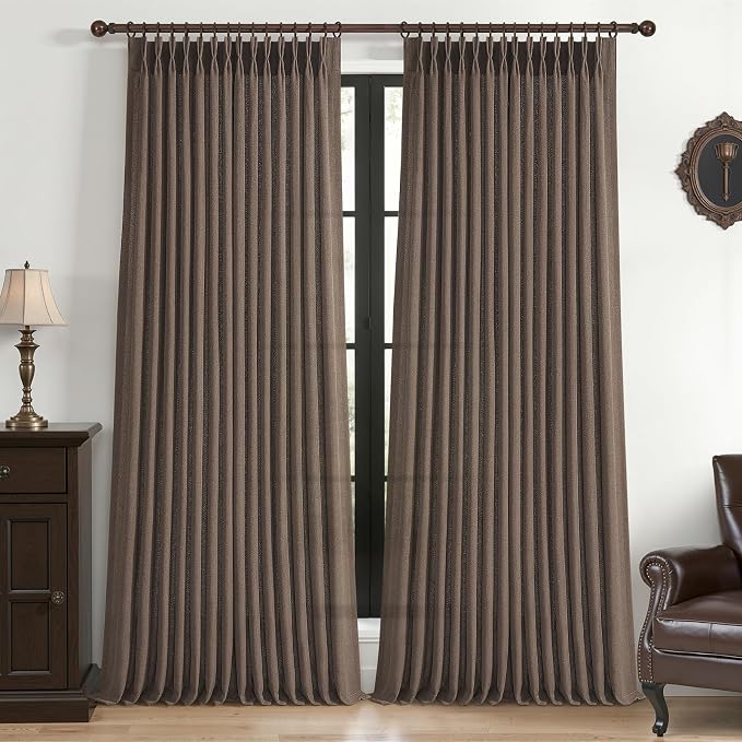 Linen Pleated Dark Brown Curtains 96 Inches Long for Sliding Glass Doors, Memory Trained Semi Sheer Drapes Light Filtering Non See Through Rustic Windows Curtain 2 Panels Set 8FT Length with Back Tab