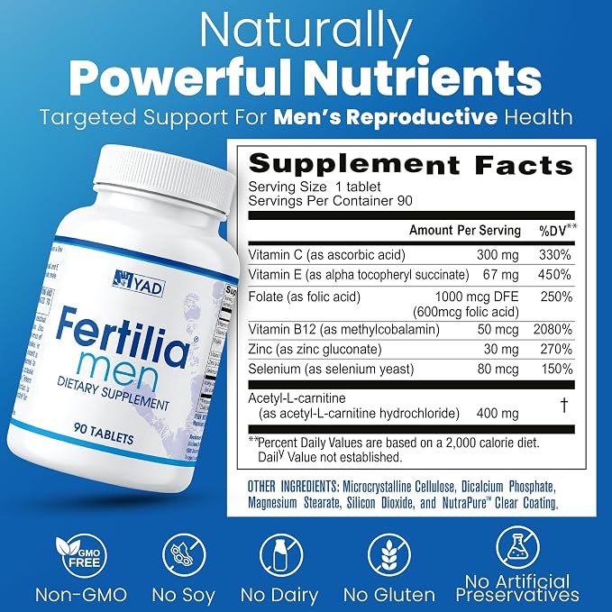 Men – Men’s Fertility Support - Pre-Conception Supplement with L-Carnitine, Zinc & Antioxidants – Non-GMO, Gluten-Free, Dairy-Free - 90 Tablets, 3 Month Supply