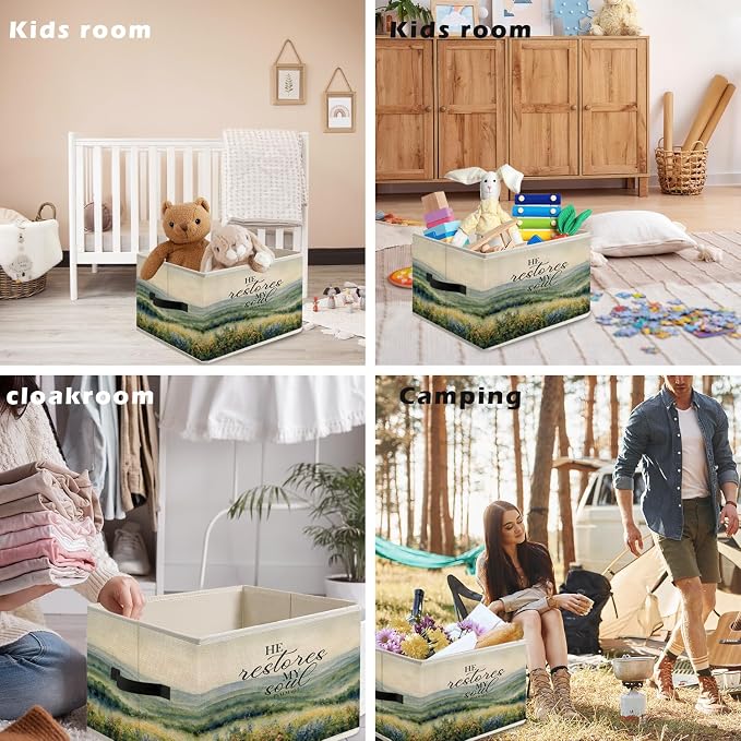 Mountain Wildflower Scenery Christian Storage Bin Box with Handles, He Restores My Soul Bible Verse Foldable Organizer Basket Toybox for Home Bedroom Bathroom Clothes Toys Books