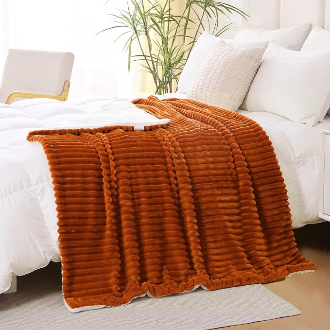 Burnt Orange Sherpa Fleece Throw Blanket 90”×90”for Couch Sofa Bed | Double Side Soft Fuzzy Cozy Plush Thick Flannel Blanket with Striped Design Gift for Adults,Woman