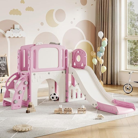 Garvee 8-in-1 Toddler Slide Indoor & Outdoor Playground Playset for Kids-Includes Climber, Basketball Hoop, Telescope, Tunnel, and Storage Space for Backyard & Courtyard Fun