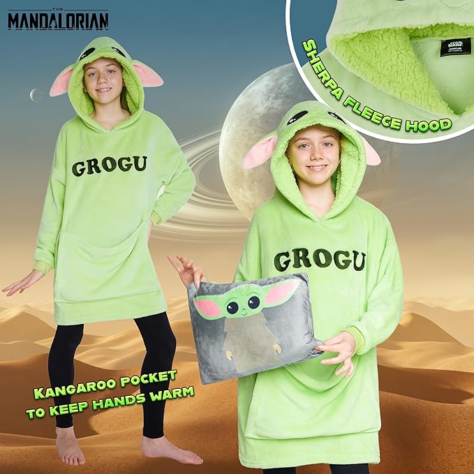 Disney Blanket Hoodie for Kids, 2-in-1 Folds into Travel Cushion, Stitch Baby Yoda Maleficent Eeyore, Gifts for Girls Boys