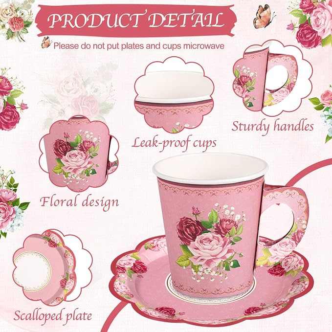 24 Sets Vintage Floral Tea Party Cups 7 OZ Disposable Paper Cups with Handle and Plates Teacups and Saucer Sets for Tea Party Decorations Garden Party Baby Bridal Shower Birthday(Vintage Style)