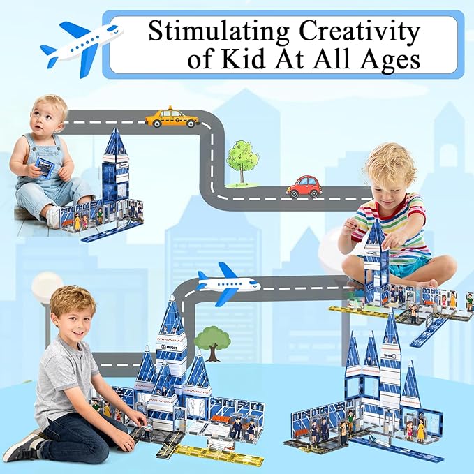 Magnetic Tiles, 54PCS Airport Theme Building Blocks Set, Magnet Building Blocks and STEM Preschool Educational Toys for Kids Toddlers Ages 3-5 5-7 8-10