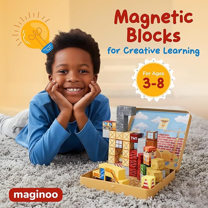 Mini Magnetic Blocks Travel Set – Christmas STEM Toddler Toys in Iron Box, Educational Building Cubes for Kids Ages 3–8, for Boys & Girls (49PCS Construstion Edition)