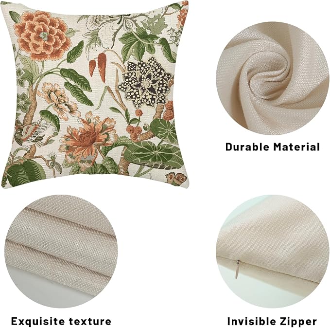 Orange Sage Green Pillow Covers 18x18 Inch Set of 2 Vintage Orange Floral Throw Pillows Chinoiserie Flower Decorative Pillow Case Outdoor Linen Farmhouse Cushion Cover for Couch Sofa Decorations