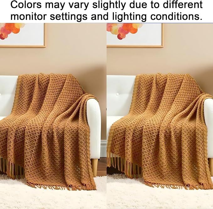 CREVENT Farmhouse Boho Knitted Throw Blanket for Couch Sofa Chair Bed Home Decoration, Soft Warm Cozy Light Weight for Spring Summer Fall (50''X60'' Light Brown)