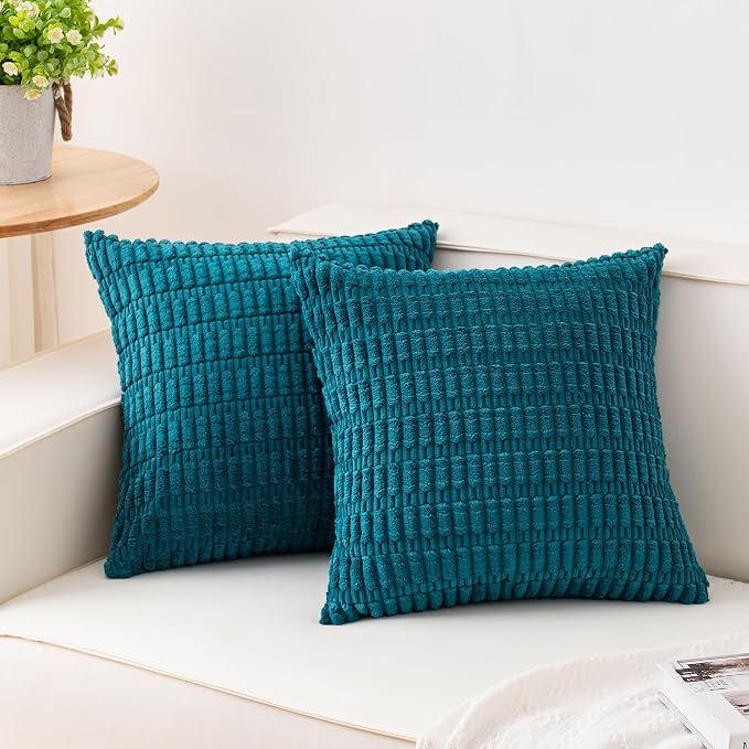 Pack of 2 Corduroy Decorative Throw Pillow Covers 18x18 Inch, Turquoise | Fall Soft Striped Pillow Covers Modern Farmhouse Home Decor Christmas Throw Pillow Covers for Sofa Living Room Couch Bed