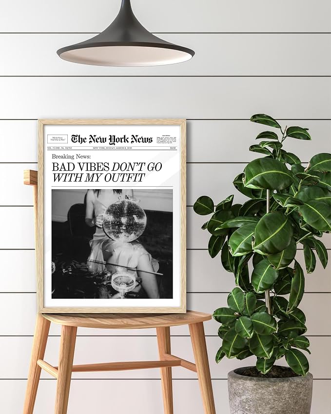 EcoHest 12x16 in Bad Vibes Don't Go With My Outfit Framed Wall Art | Natural Oak Wood Frame, Canvas Wall Art, Disco Fashion Newspaper Wall Decor for Bedroom, Apartment, Dorm, College Room, 1Pack