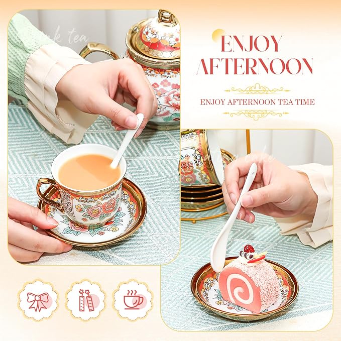 20 Pcs Porcelain Tea Set for Adults with Metal Holder and Spoon European Ceramic Tea Party Set Flower Painting Teapot Cup Saucer for Women Gift, Serving 6 People(Classic)
