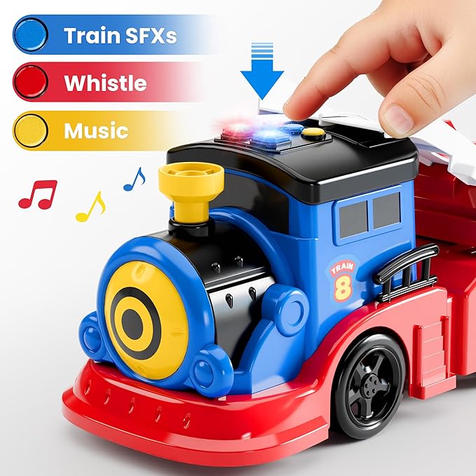 iPlay, iLearn Kids Launching Truck Toys for Boys Ages 3-5, Toddler Track Toy, 4 Mini Diecast Race Cars, Balls Shooting Game, Large Light Sound Carrier Train, Birthday Gifts for 4-6 7 8 9 Yrs Old Child