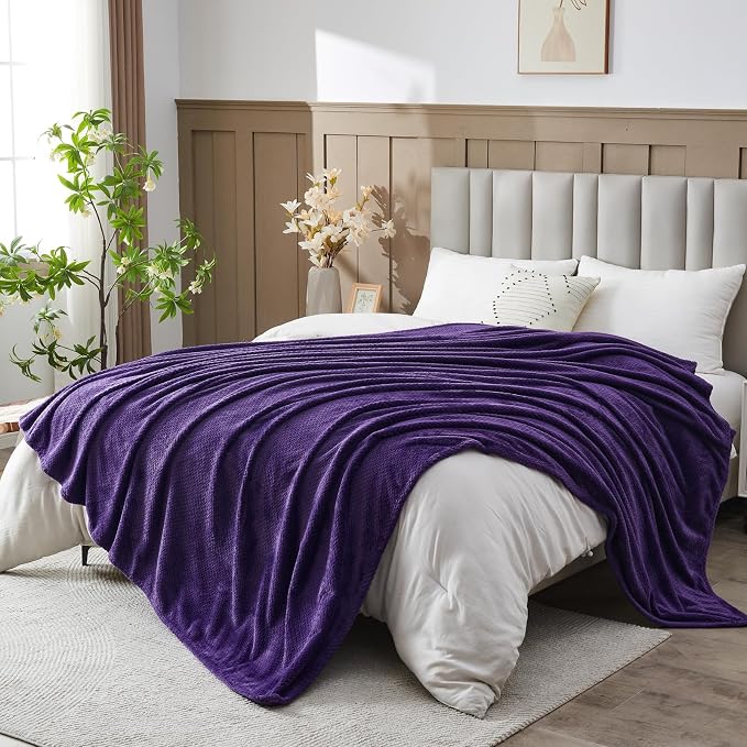 NEWCOSPLAY Fleece Leaves Pattern Queen Blanket, Dark Purple, 90"x90" | Super Soft Throw Blanket, Lightweight Cozy Bed Sofa Blanket, Premium Silky Flannel Fleece, Travel Blanket for All Season Use