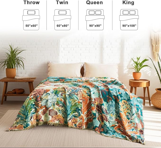 LUTBM Boho Throw Blanket for Bed 60"x80", All Season Cotton Couch Blankets | Reversible Botanical Floral Jacquard, Lightweight Breathable Twin Quilt, For Chair Sofa Living Room Bedroom, Home Decor