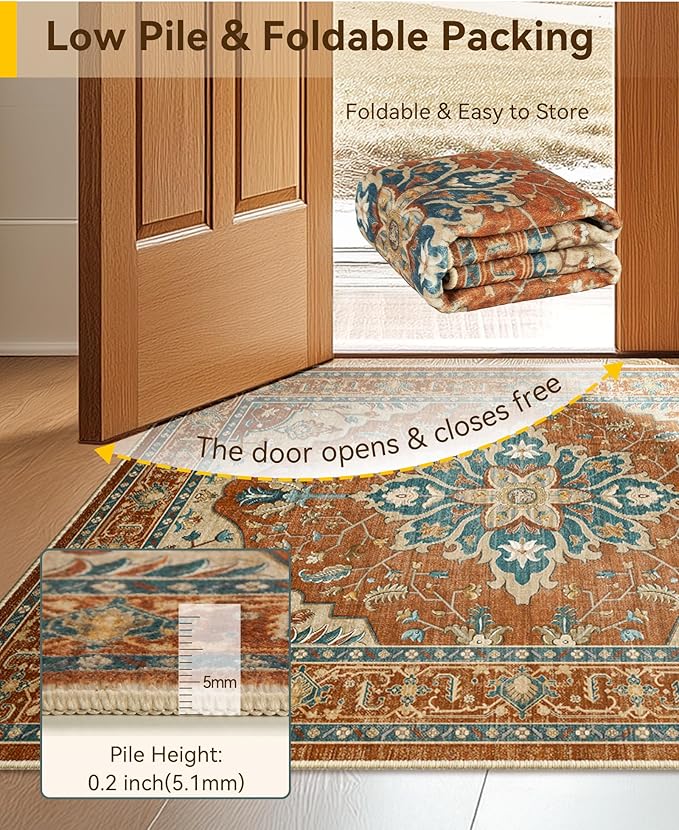 RELEANY Area Rugs 7'x9' Washable Non-Slip, Floral Vintage Distress Medallion Carpet for Living Room Bedroom Dining Room, Red Orange Blue Brown
