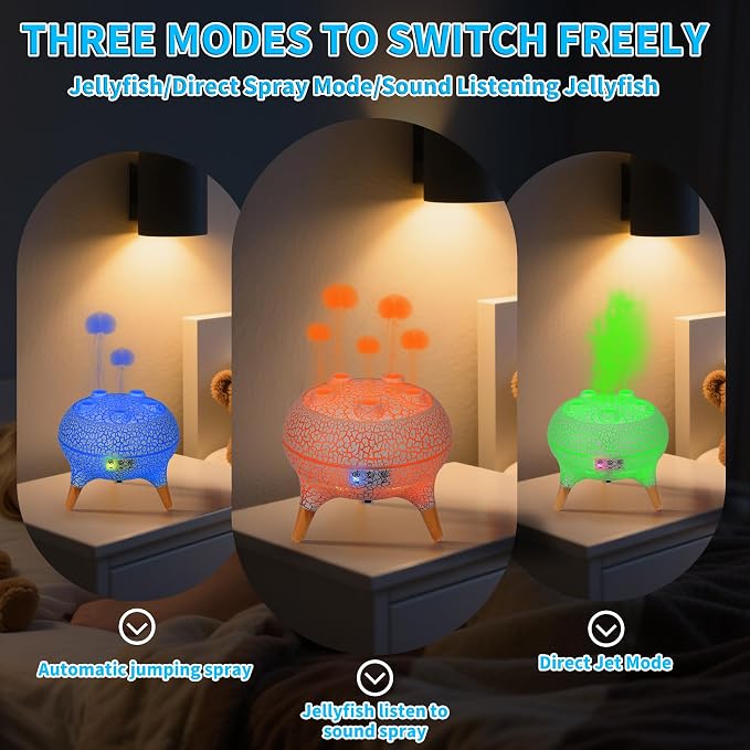 KCKJ Jellyfish Essential Oil Diffuser Sound-Activated Spray Dancing Jellyfish,250ml Aroma Air Diffuser, 3 Mist Modes & 7 Color Lights, Volcanic Lava Design for Home Bedroom(White Crack)