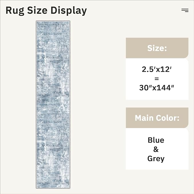 Soalmost Hallway Runner Rug 2'6" x 12' Kitchen Rugs Abstract Blue/Grey | Non-Slip Vintage Long Runners 2.5x12ft for Bathroom Entryway, Thin Low-Pile Foldable Floor Carpet Mat for Corridor Bedroom