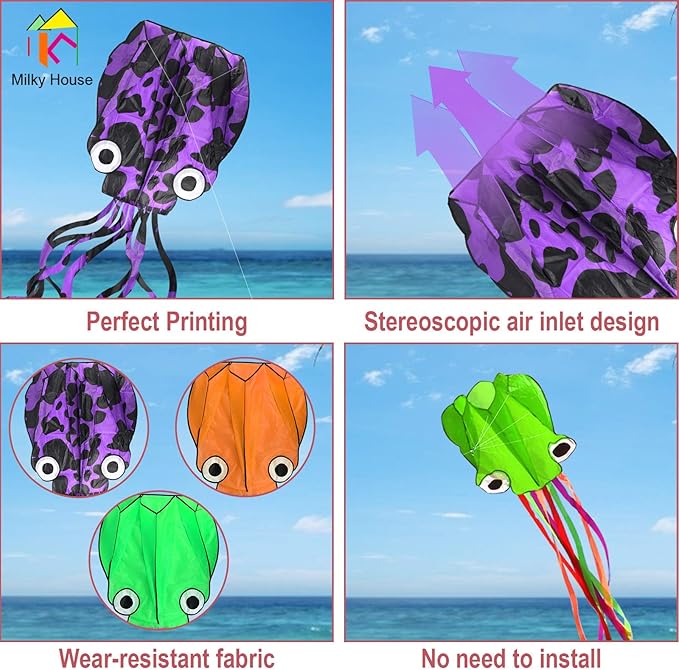 3 Pack Octopus Kite - 3D Beach Kites for People & Kids (Blue, Green, Red) - Easy to Fly, Kite Kit with 100M String