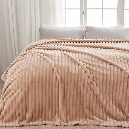 NEWCOSPLAY Super Soft Queen Blanket Taupe Premium Silky Flannel Fleece 3D Ribbed Jacquard Lightweight Bed Blanket All Season Use (Taupe Ribbed, Queen(90"x90"))