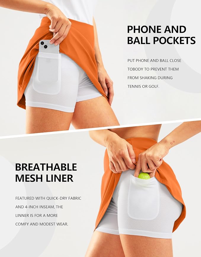 16" Golf Skirt with 2 Zipper Pockets | Tee Holder, Mesh Shorts, High Waisted, Casual, Pickleball, Athletic, Tennis, Skorts for Women