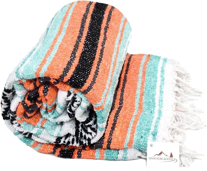 Open Road Goods Bulk Falsa Blankets - Handwoven Authentic Mexican Falsa - Great for Weddings, Yoga, Beach, Picnics, or Mexican Throw! (Mint/Orange, 15 Pack)