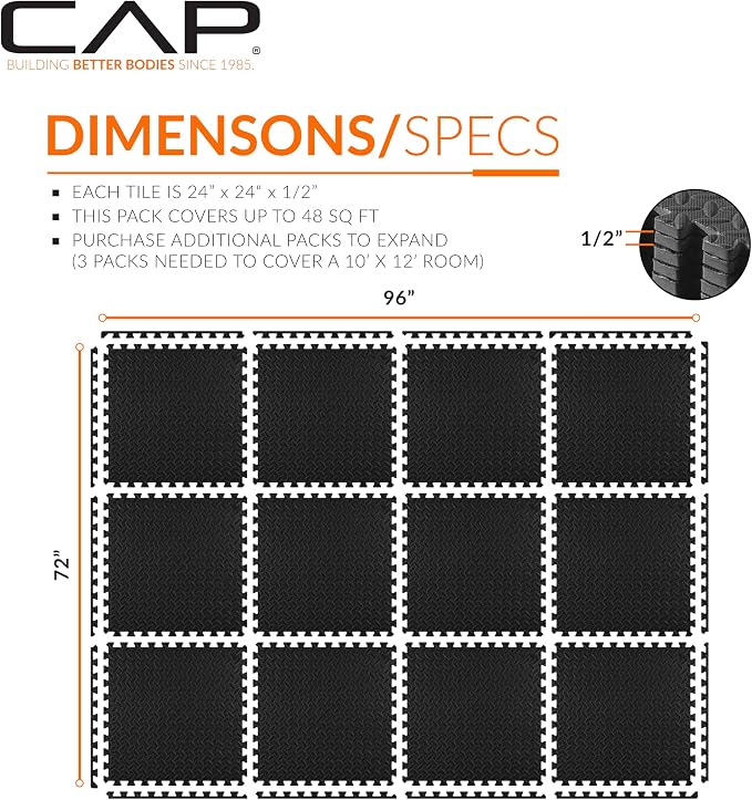 CAP Puzzle Exercise Mats | 1/2” Thick EVA Interlocking Foam Tiles for Home Gym Flooring | Multiple Options
