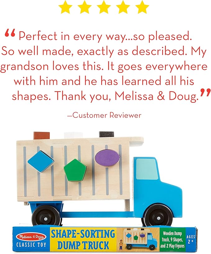 Melissa & Doug Shape-Sorting Dump Truck Wooden Toy with 9 Blocks and 2 Toy Figures - Montessori Toys and Toddler Toys for Preschool Learning Activities