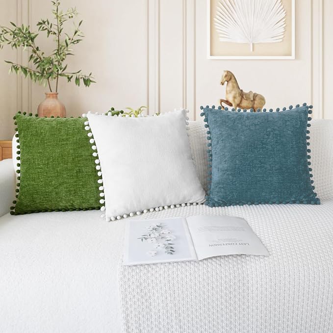 CaliTime Decorative Couch Throw Pillow Covers 20 X 12 Inches True White | Pack of 2, Cozy Chenille Cushion Cases, with Pom Poms for Sofa Bed Living Room Farmhouse Home
