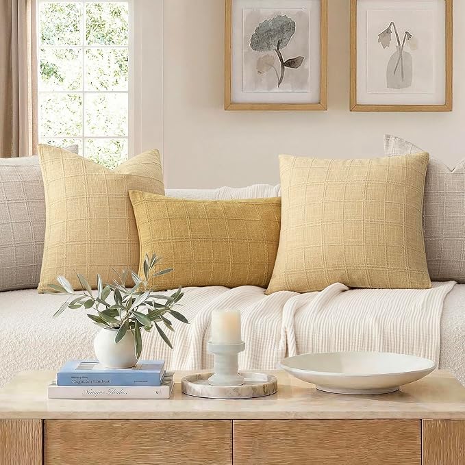 Foindtower Set of 2 Decorative Linen Check Throw Pillow Covers Neutral Farmhouse Vintage Cushion Covers Cozy Modern Boho Accent Home Decor for Sofa Chair Couch Bed Living Room,14×36 Inch,Light Yellow