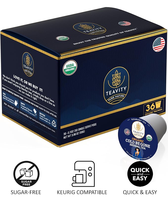 Organic Rooibos Tea Pods for Keurig with Lemon, Mint, Licorice - Unsweetened Decaf Tea for K Cup Brewing - Cold- Be-Gone by Teavity (36 Tea Pods)