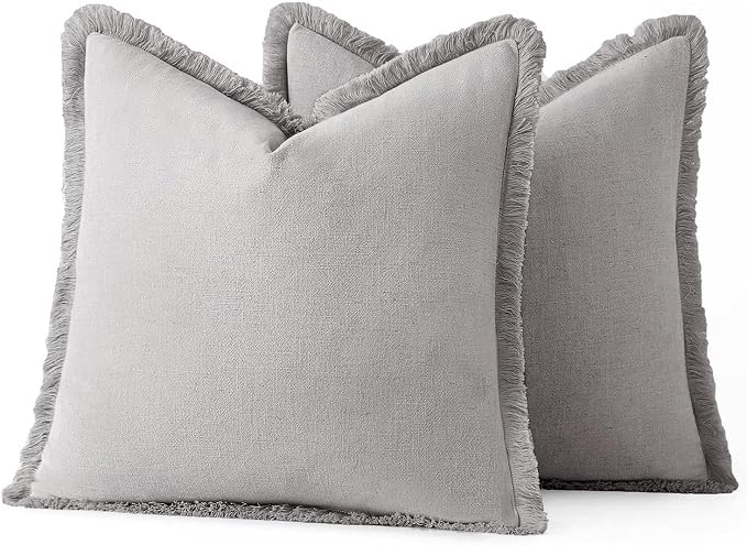 MIULEE Boho Linen Fringe Decorative Throw Pillow Covers Light Grey 18x18 | Set of 2, Cottagecore Decor, Boho Farmhouse Neutral Pillow Covers, Rustic Couch Cushion Cases for Sofa Bed Living Room