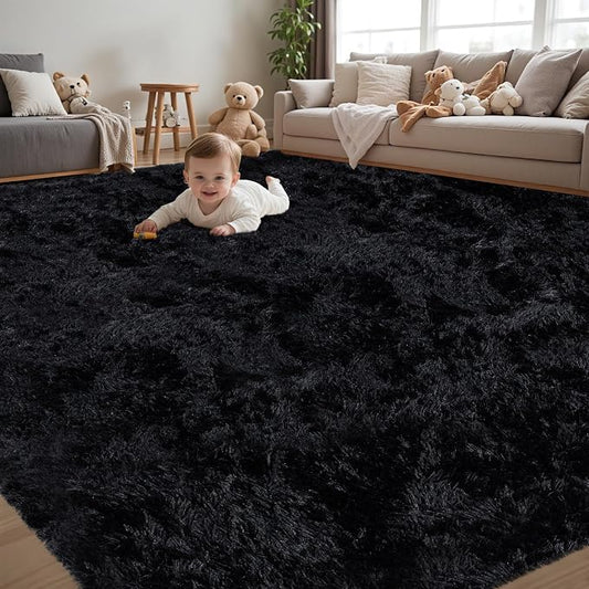 5x8 Area Rug for Living Room:Ultra Soft Fluffy Shag Black Rugs,Large Fuzzy Plush Indoor Non Slip Carpet Washable Rug for Bedroom Kids Nursery Office Dorm Modern Decor(Black 5'x8')