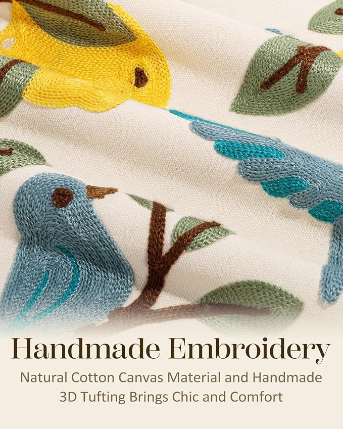 Embroidered Throw Pillow Covers 18x18 Inch, 2Pack, Bird Lemon | Decorative Pillow Covers Set of 2, Farmhouse Cushion Cases with Hidden Zipper, Cottagecore Decor for Couch, Sofa, Living Room
