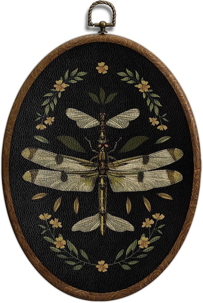 Vintage Dragonfly Flower Oval Wall Art, Dark Moody Oval Framed Wall Art, Waterproof Cottage Core Decor for Western Farmhouse Bedroom Living Room, Home Retro Decor Products, 02