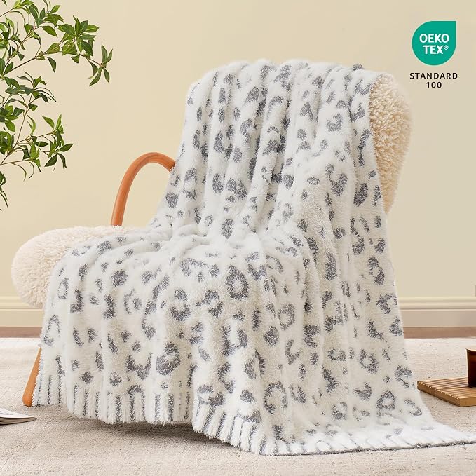 Snuggle Sac Leopard Luxury Faux Fur Throw Blanket for Couch,Ultra Soft Cozy Plush Fluffy Blanket for Sofa Bedroom Living Room,Grey Leopard,50x60 inches