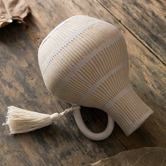 Mowtanco Rustic Ceramic Vase for Home Decor, Farmhouse Decorative Vases for Pampas Grass, Terracotta Vase with Tassel Design, Handle Flower Vase, Clay Vase for Living Room Decoration, 8 inch Tall