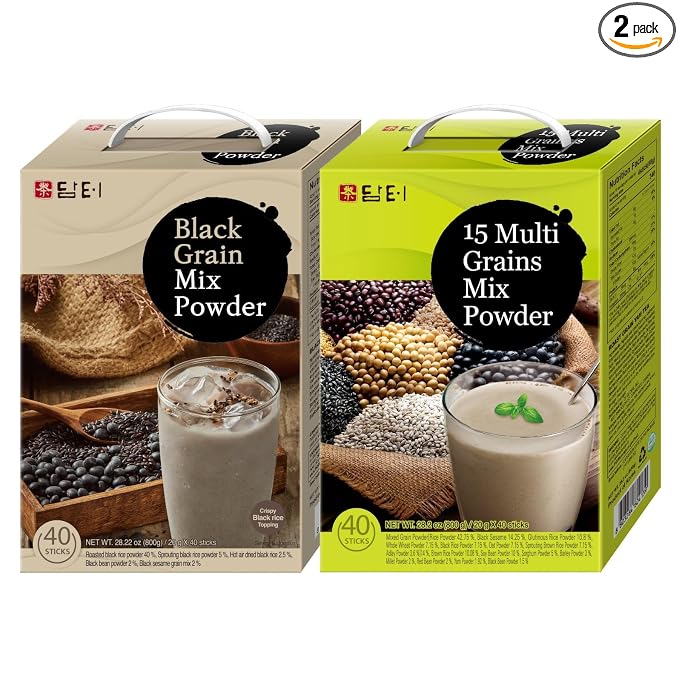 Damtuh Korean Misugaru Drink Mix Bundle – 15-Grain Multigrain Powder + Black Grain Misugaru Powder, Latte-Style Drink, Caffeine-Free 20g x 80 Stick Packs