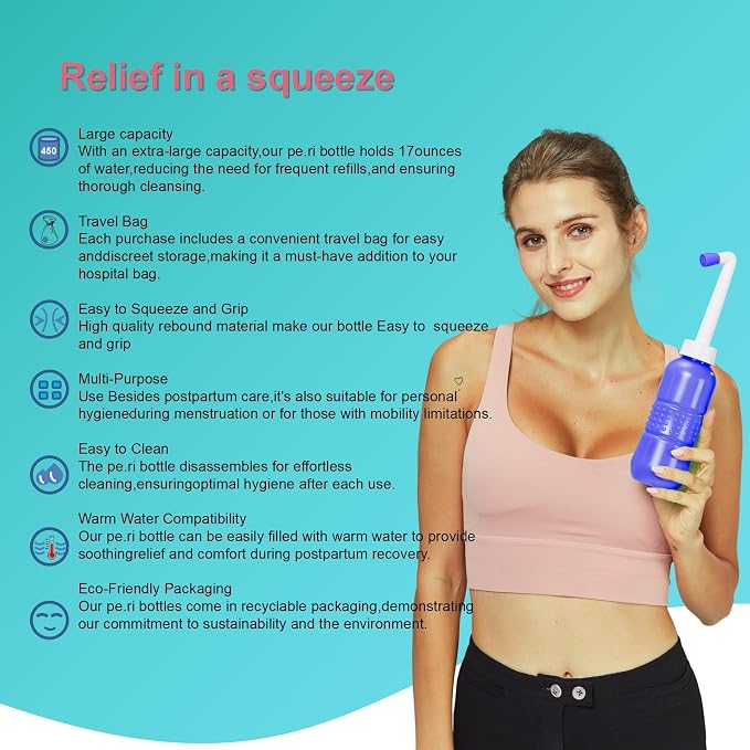 2 Pack Peri Bottle 450ml Postpartum Perineal Cleansing Bottle, Feminine Care Postpartum Perineal Cleansing 15oz Portable Bidet Travel Bidet with Waterproof Storage Bag (Pink+Blue)
