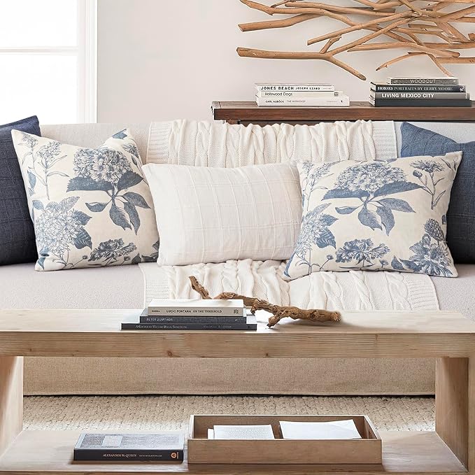 Foindtower Set of 2 Linen Floral Vintage Throw Pillow Covers Neutral Accent Print Decorative Cushion Covers Farmhouse Boho Home Decor for Sofa Chair Couch Bedroom Living Room,22×22 Inch,Blue