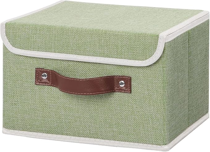 ANMINY Fabric Storage Box Bins with Lids, Green, 10"x8"x7" | Keepsake Memory Storage, Cotton Linen, PP Board Reinforced, Washable, PU Handles, Foldable & Stackable, Decorative, Small