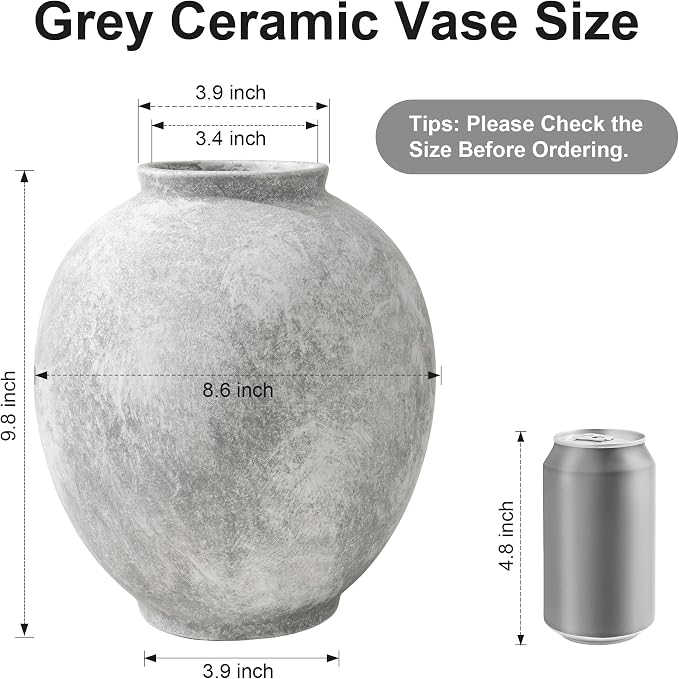 Starttag Large Ceramic Vase, 9.8 inch Rustic Farmhouse Flowers Vase for Home Decor, Sandstone Texture Round Pottery Tall Vase Indoor for Table Living Room Decor, Grey